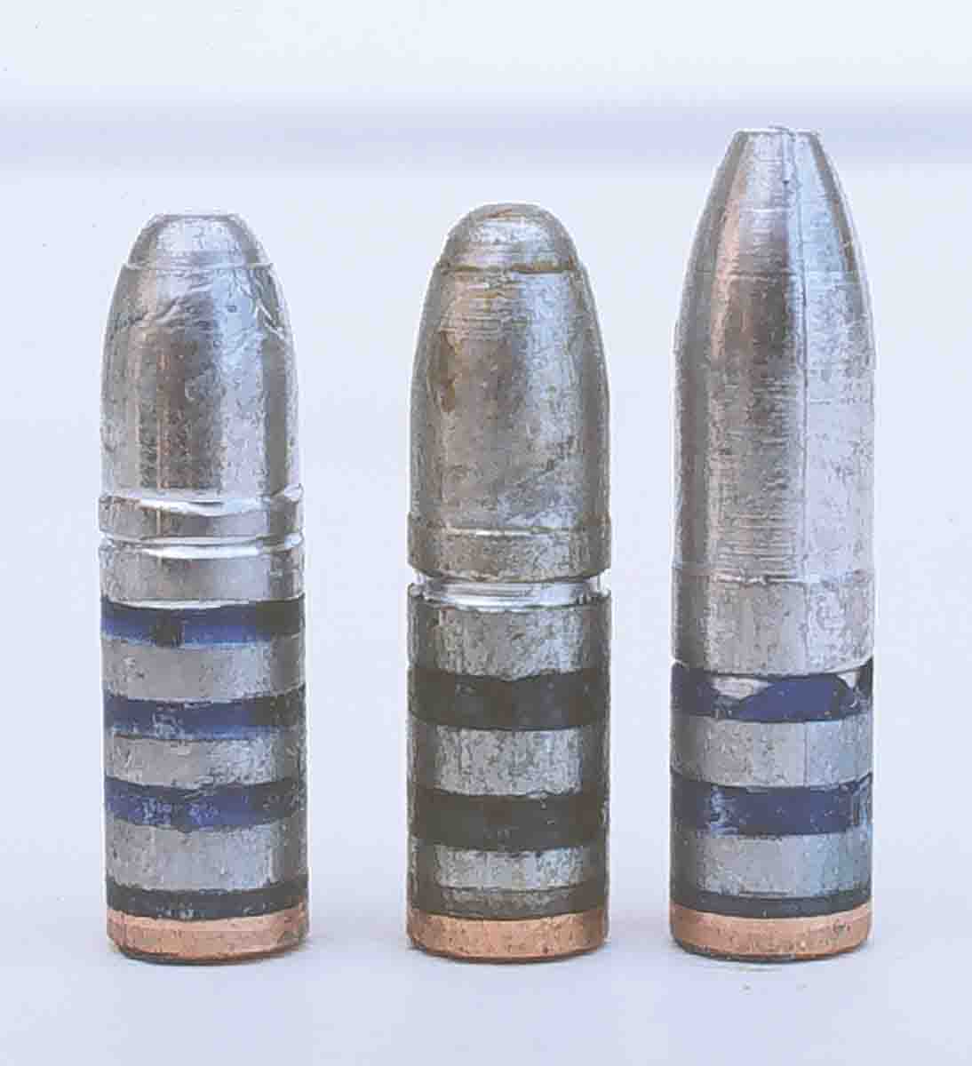 these .25-caliber bullets were fired in the .25-06 Remington to develop a gopher load. From the left, NEI 115.257 GC No. 16, Ideal 257325 and RCBS-120-SP.